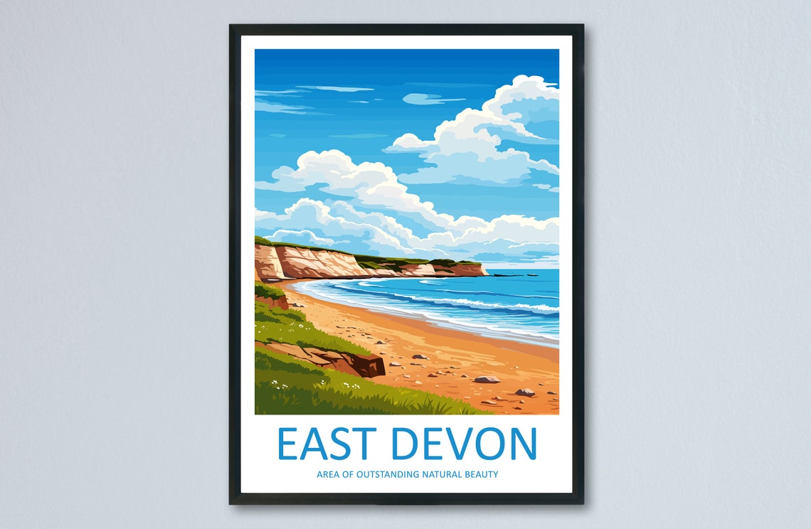 East Devon England Golden Beach Cliffs Vintage Travel Poster