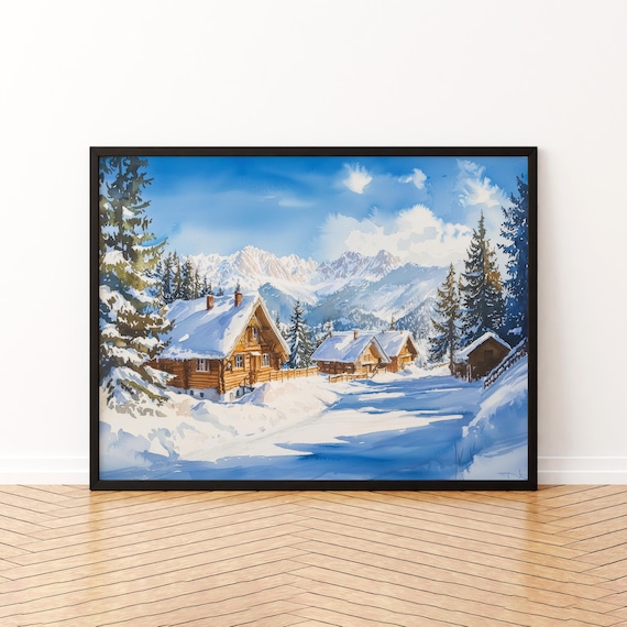 Snowy Wooden Cabins in Winter Mountain Valley with Tall Pines Poster