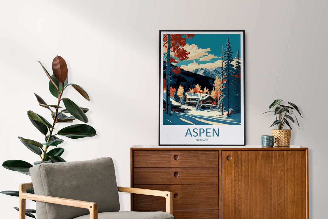 Aspen Colorado Snowy Lodge Autumn Foliage Mountain Peaks Travel Poster - Image 2