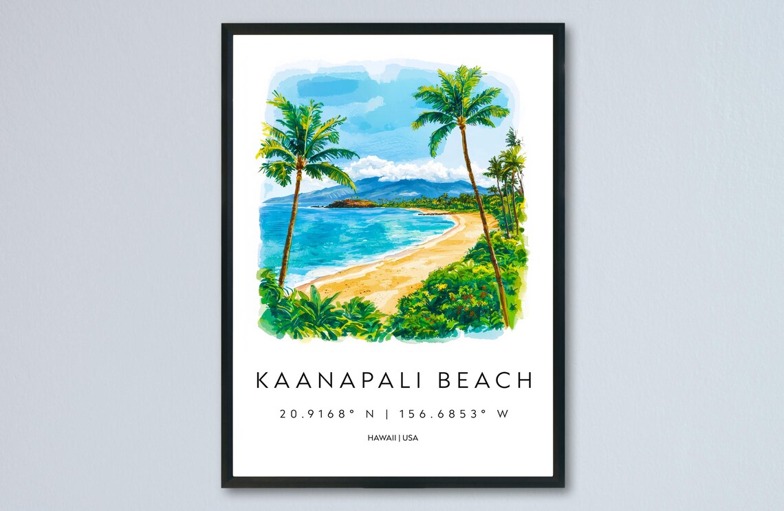 Kaanapali Beach Hawaii Golden Crescent Watercolor Travel Poster
