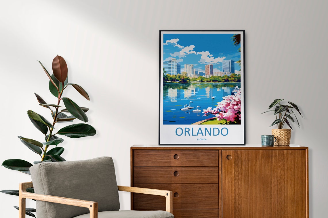 Orlando Florida Lake Eola Skyline Swans Minimalist Travel Poster - Image 2
