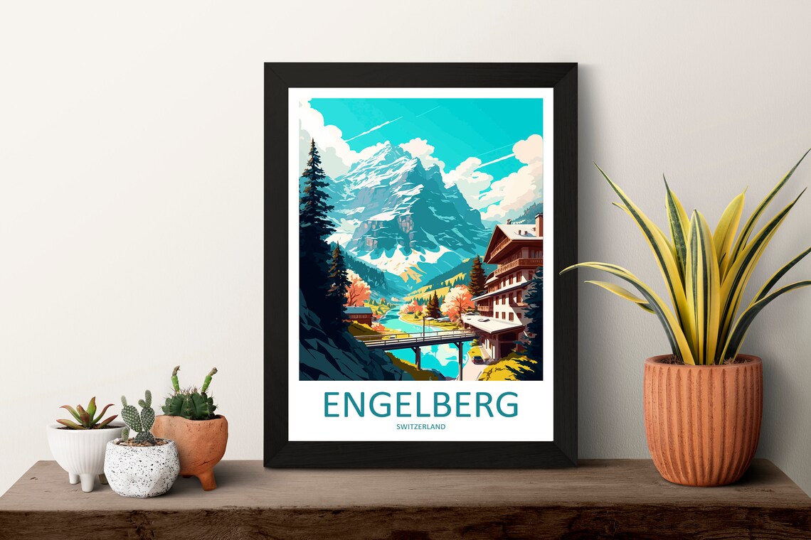 Engelberg Switzerland Snowy Alpine Peaks Chalet Travel Poster - Image 3