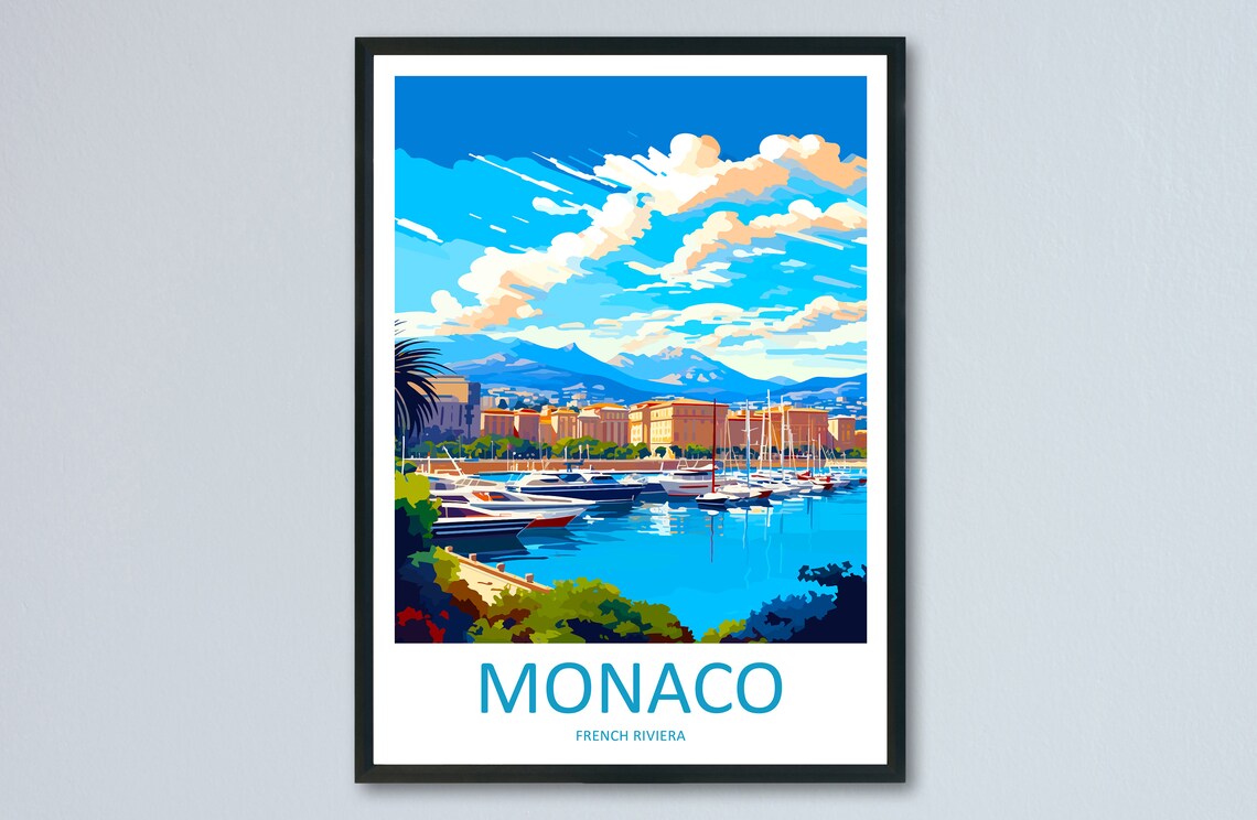 Monaco French Riviera Harbor Yacht Marina Coastline Travel Poster