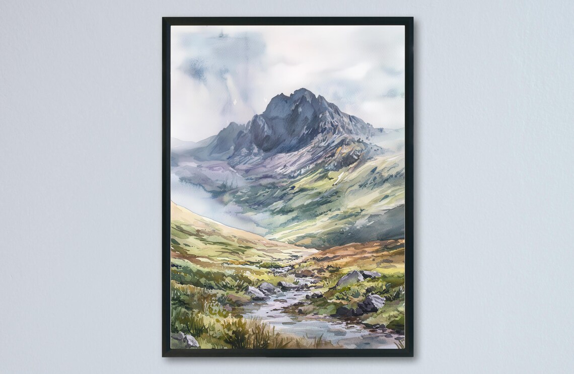 Snowdonia Wales Mountain Stream Watercolor Landscape Scenic Poster