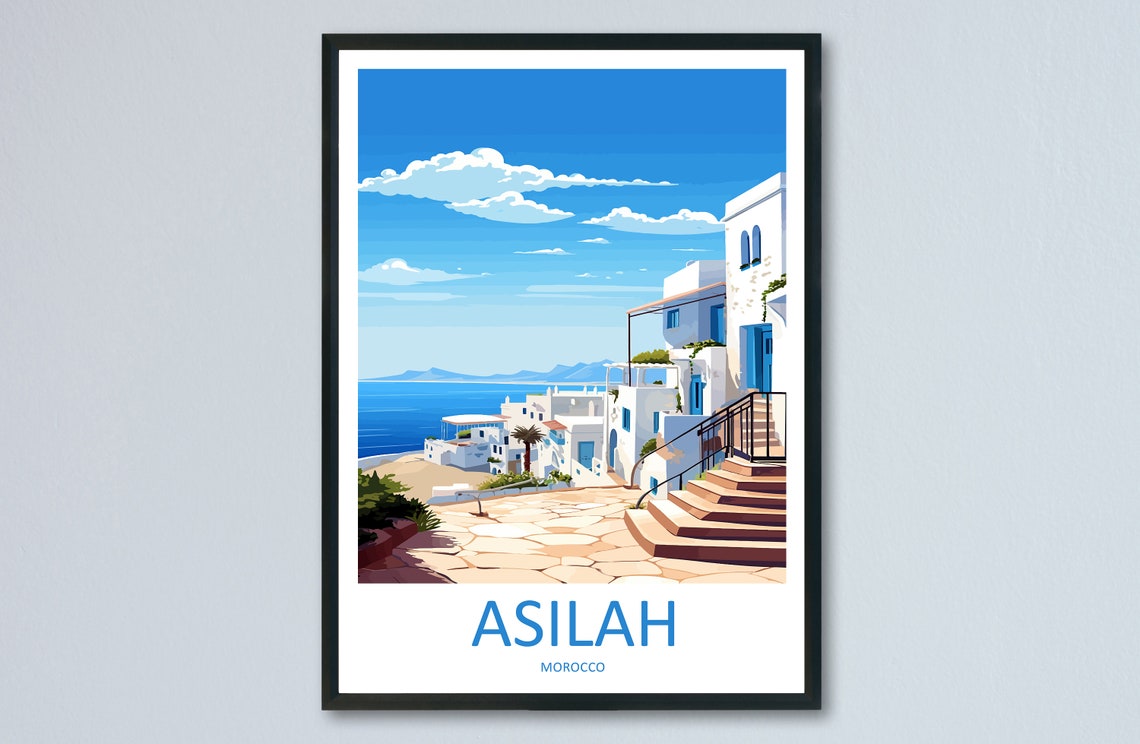 Asilah Morocco Whitewashed Steps Coastal Seaside Town Travel Poster