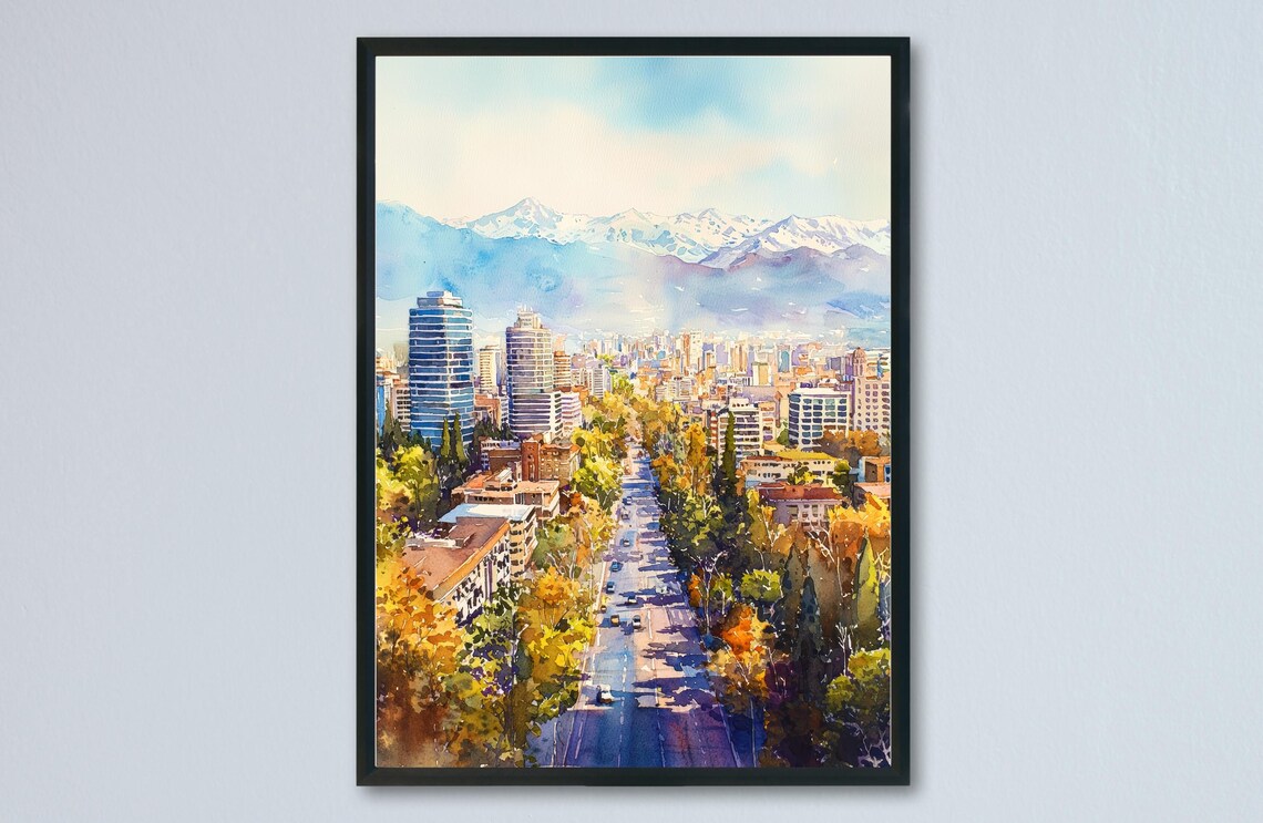 Santiago Chile City Avenue Snow Capped Andes Mountains View Poster