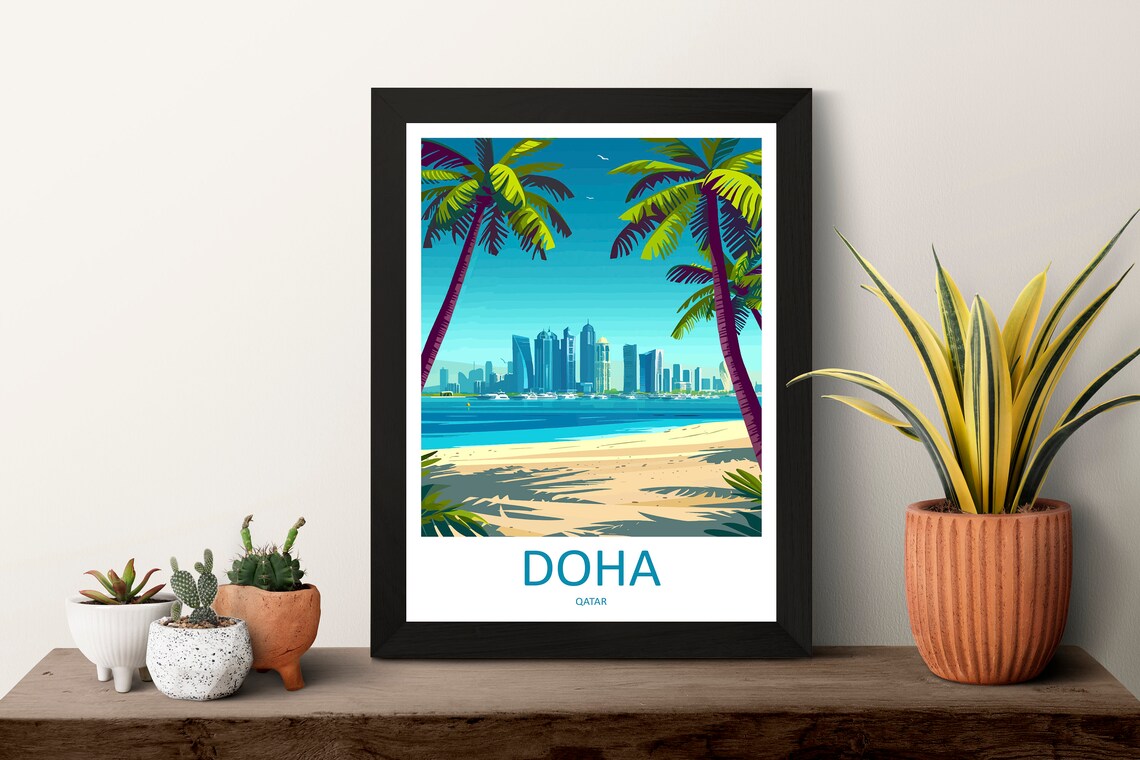 Doha Qatar Beach Skyline Palm Trees Arabian Gulf Travel Poster - Image 3