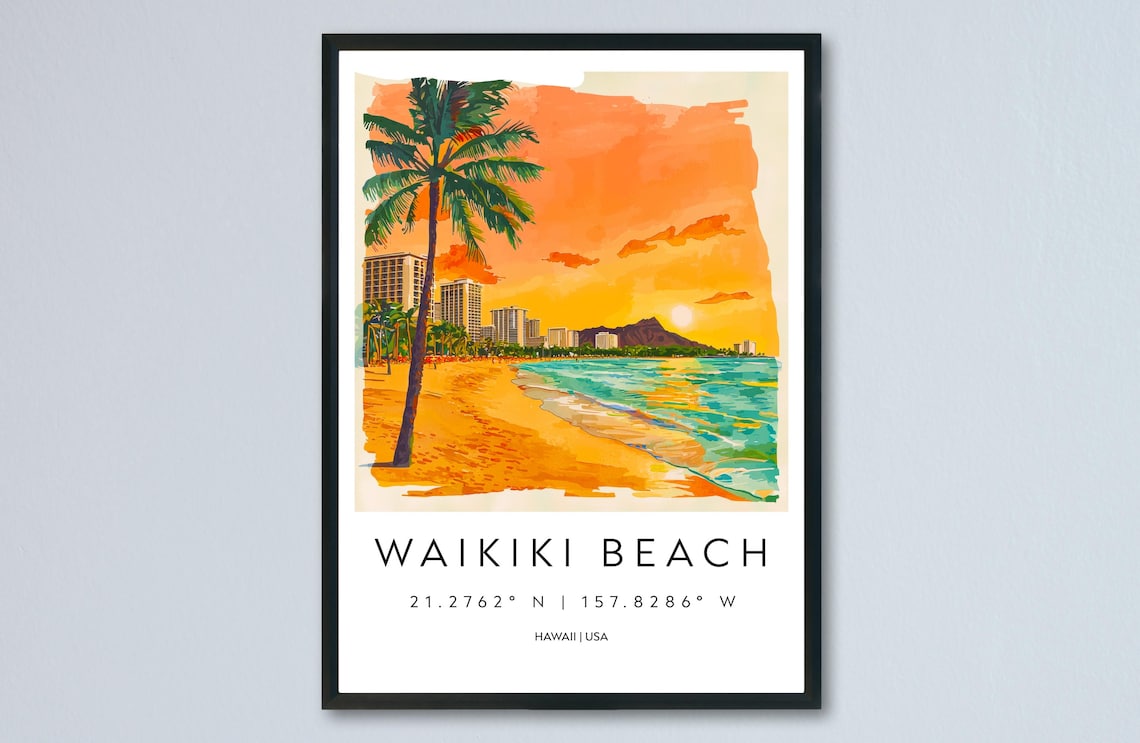 Waikiki Beach Hawaii Sunset Diamond Head Watercolor Travel Poster