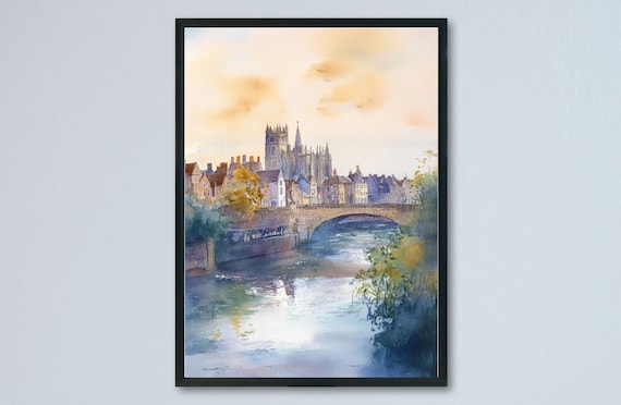 Exeter Cathedral Over River Old Bridge Dusk Watercolor Poster