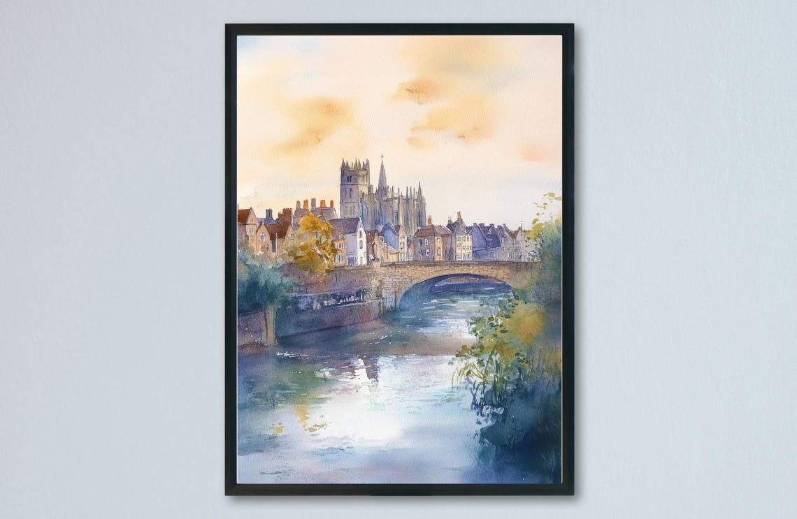 Exeter Cathedral Over River Old Bridge Dusk Watercolor Poster
