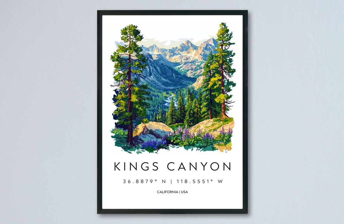Kings Canyon California Watercolor Mountain Valley Pines Travel Poster