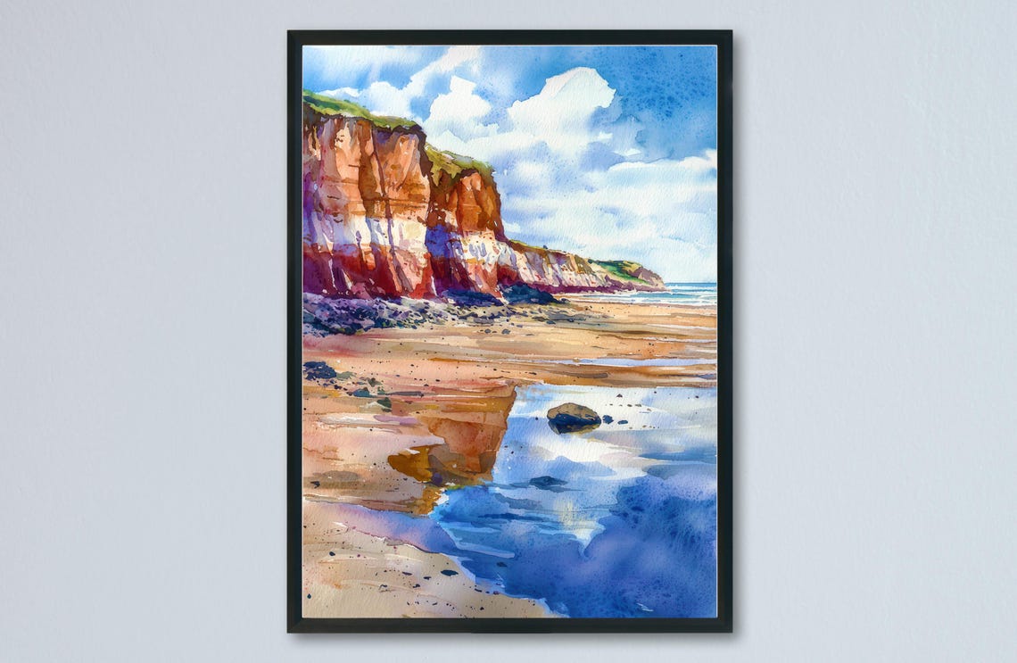 Hunstanton Cliffs Beach Rock Pool Reflection Watercolor Shore Poster