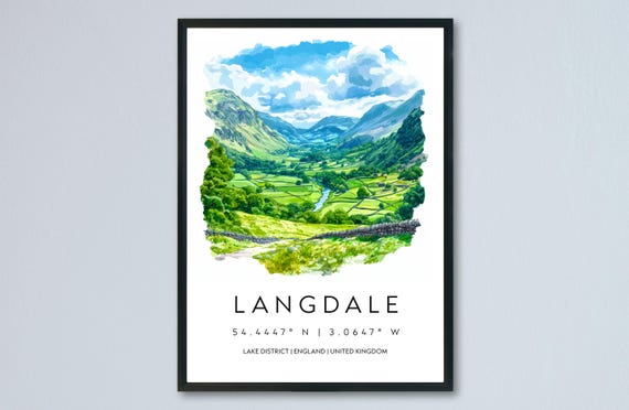 Langdale Watercolor Poster, Lake District Travel Print