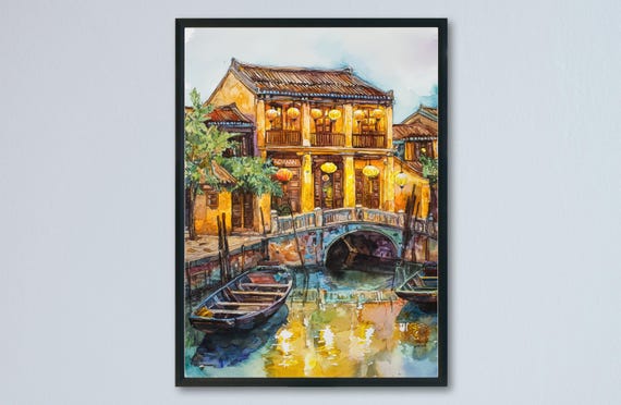 Hoi An Watercolor Travel Poster, Vietnam Cityscape