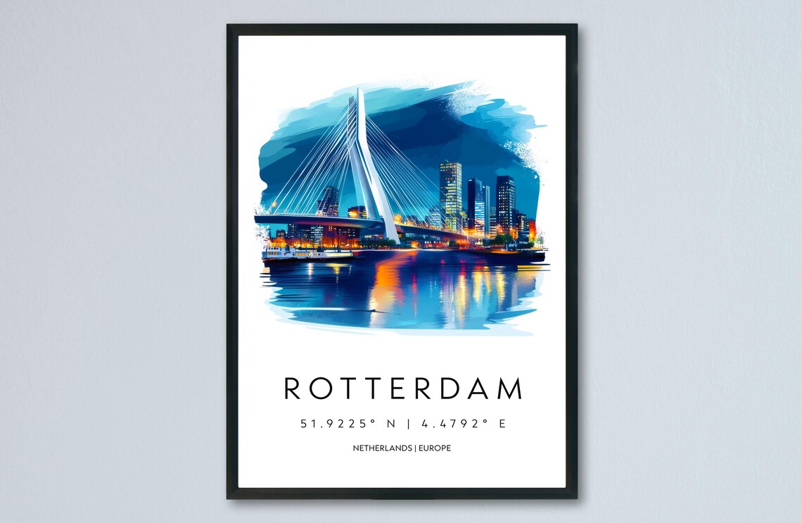 Rotterdam Night Bridge Netherlands Scenic Watercolor Travel Poster