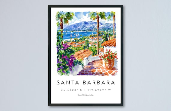 Santa Barbara California Palms and Harbor Watercolor Travel Poster