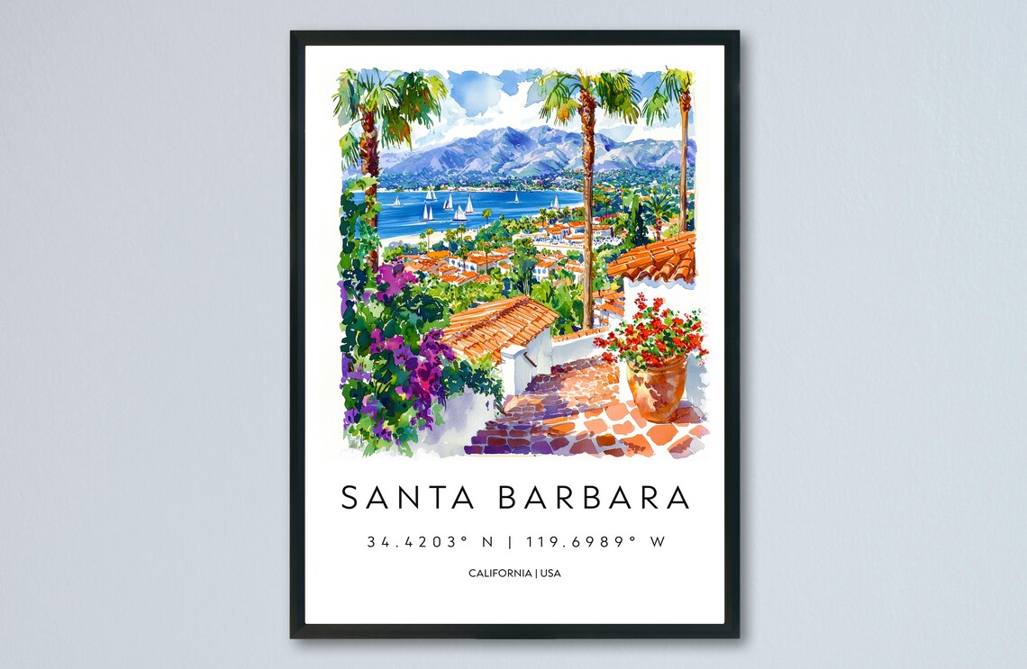 Santa Barbara California Palms and Harbor Watercolor Travel Poster