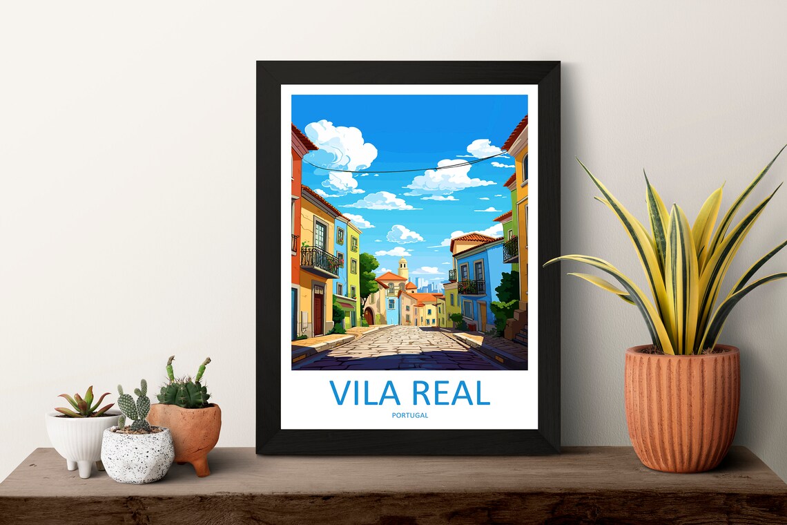 Vila Real Portugal Colorful Cobblestone Street Old Town Travel Poster - Image 3
