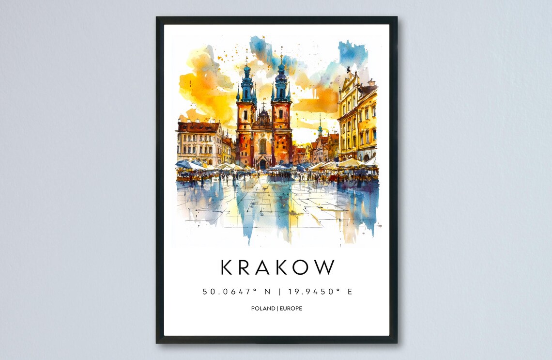 Krakow Poland Old Town Square Watercolor Travel Souvenir Poster