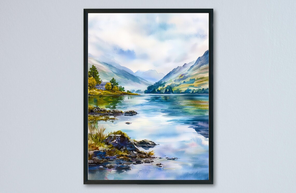 Scottish Loch Lakeside House Misty Mountains Watercolor Scene Poster