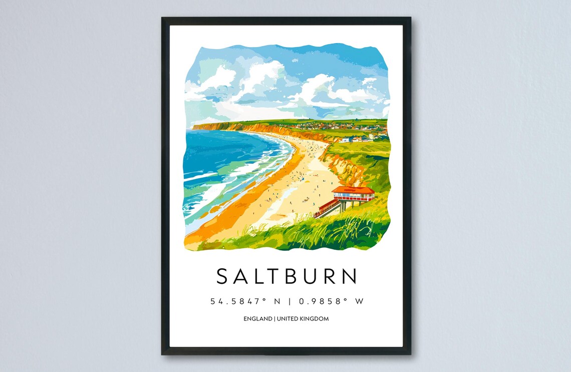 Saltburn England Sandy Beach Cliffs Watercolor Travel Poster