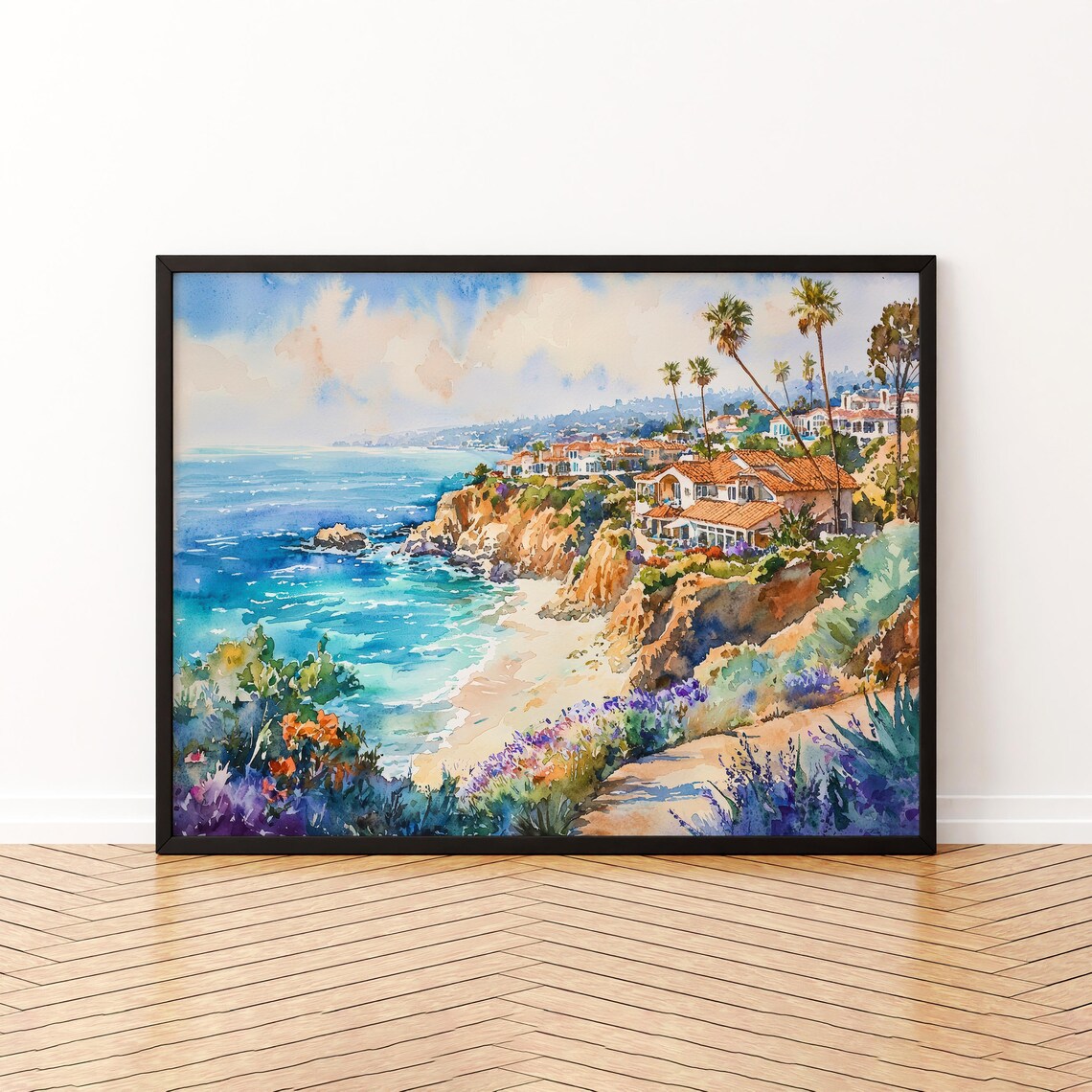 Cliffside Villas with Palm Trees Above Turquoise Sea Coastal Watercolor Poster