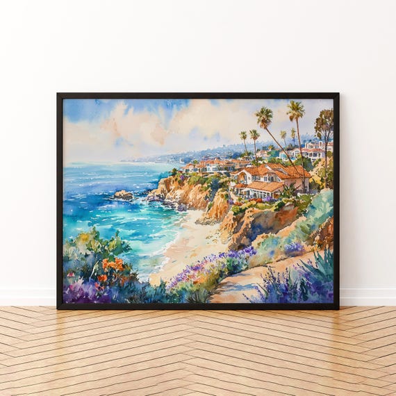 Laguna Beach Watercolor Poster Travel Print Coastal City Painting Ocean Wall Art Usa Decor Souvenir