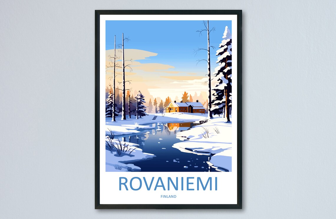 Rovaniemi Finland Snowy Cabin Frozen River Winter Art Poster
