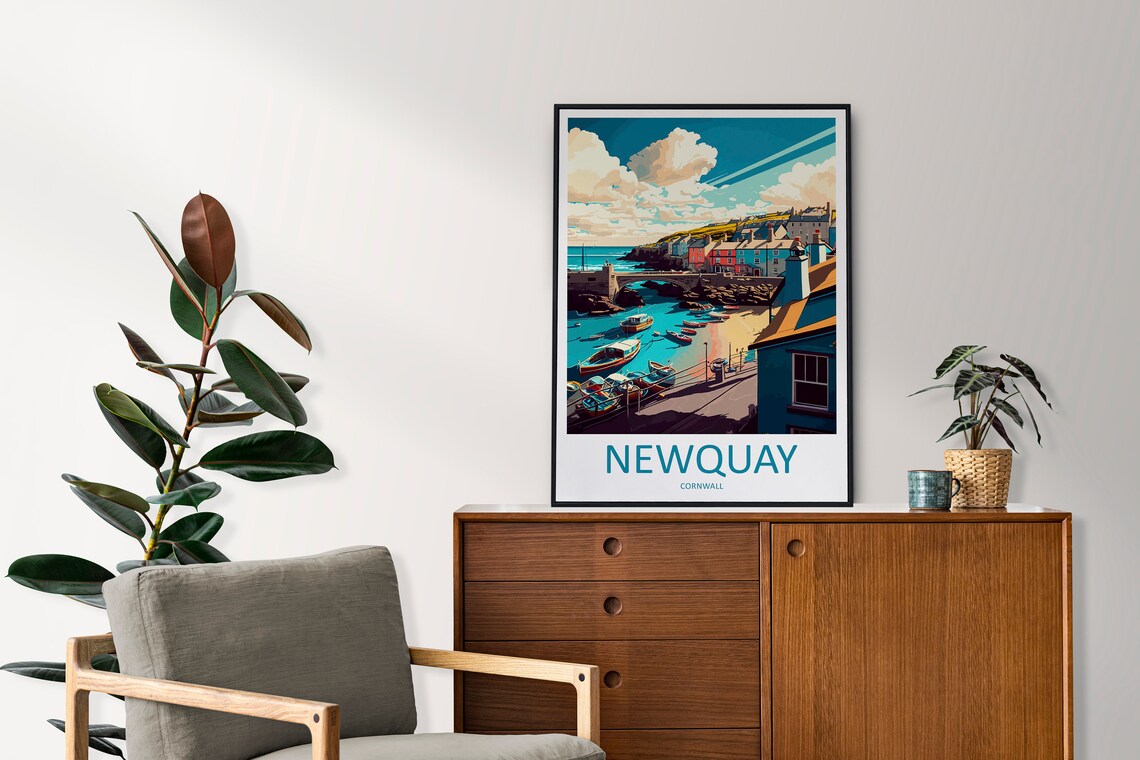 Newquay Cornwall Harbor Fishing Boats Colorful Houses Sunset Poster - Image 2