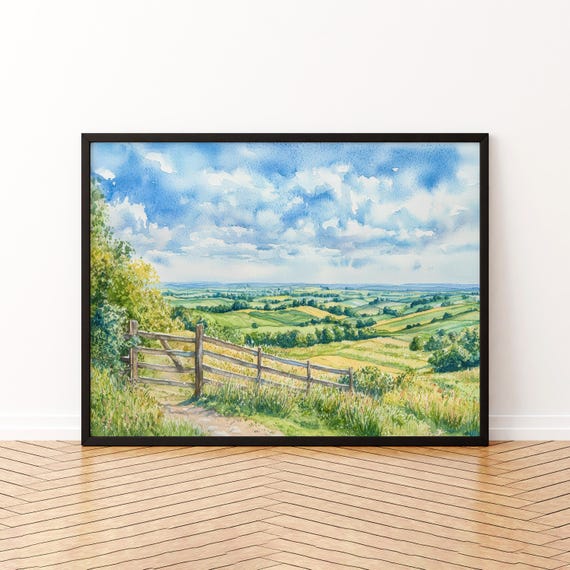 Lincolnshire Wolds England Watercolor Poster Travel Print Countryside Landscape Painting Wall Art Uk Souvenir