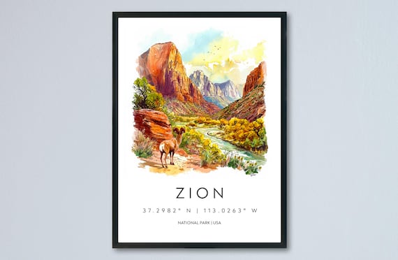 Zion National Park Utah Canyon Bighorn Sheep Watercolor Poster