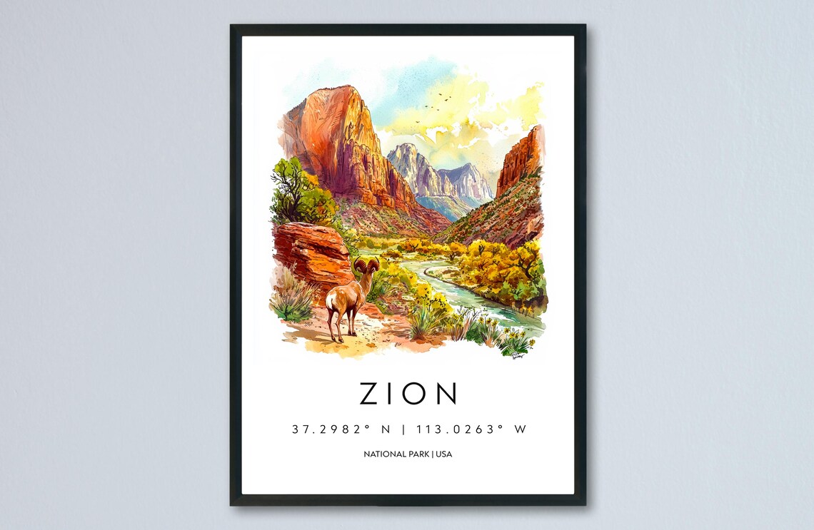 Zion National Park Utah Canyon Bighorn Sheep Watercolor Poster