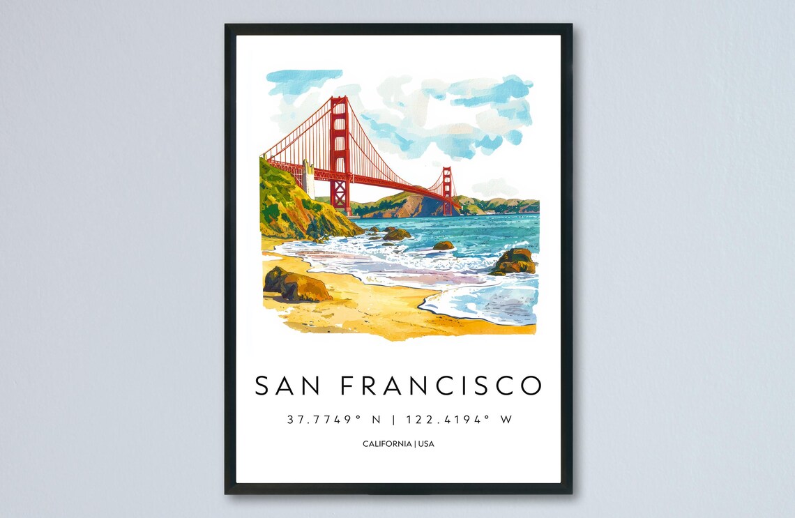 San Francisco Golden Gate Bridge Beach Watercolor Travel Poster