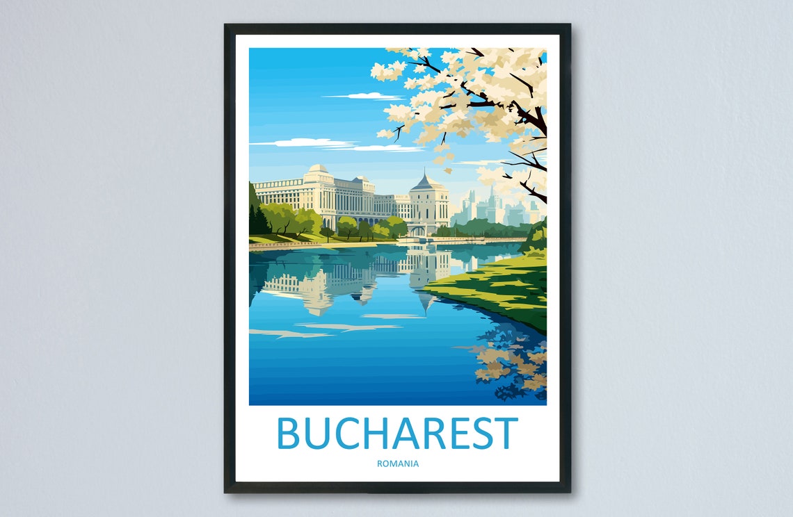 Bucharest Romania Palace Lake Reflection Spring Travel Poster