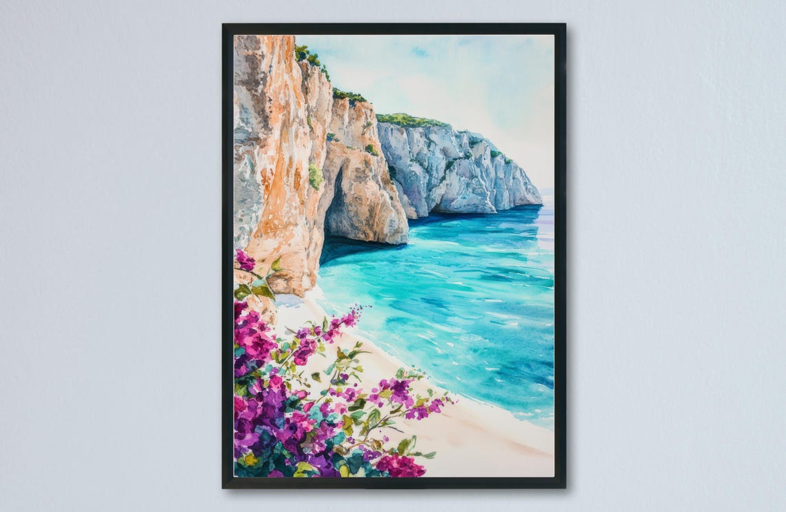 Zakynthos Greece Dramatic White Cliffs Turquoise Sea Travel Poster