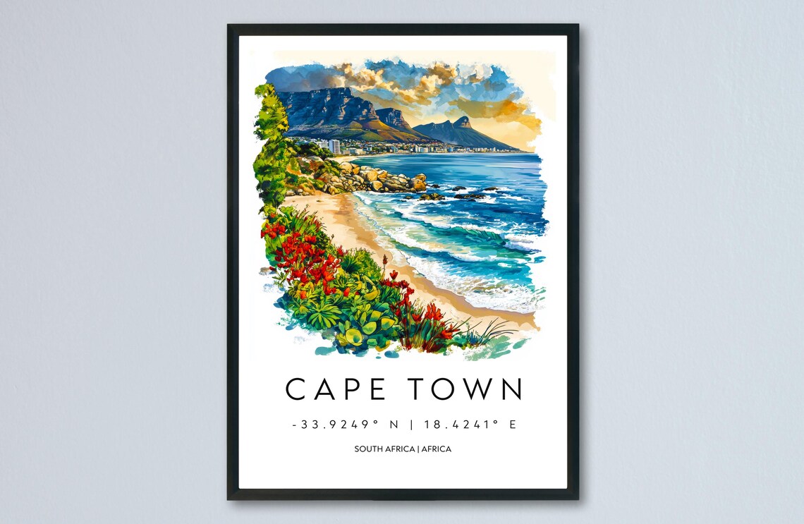 Cape Town Table Mountain Beach Coast South Africa Travel Poster