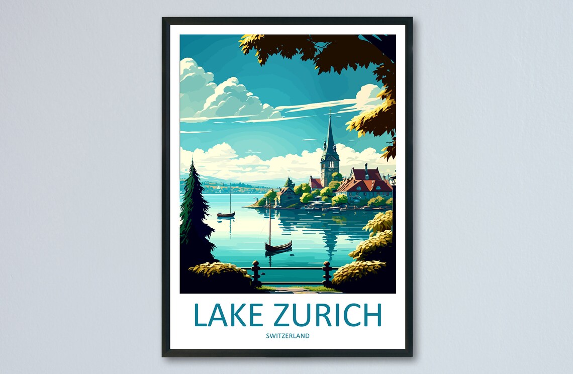 Scenic Lake Zurich Switzerland Lakeside Village Church Travel Poster