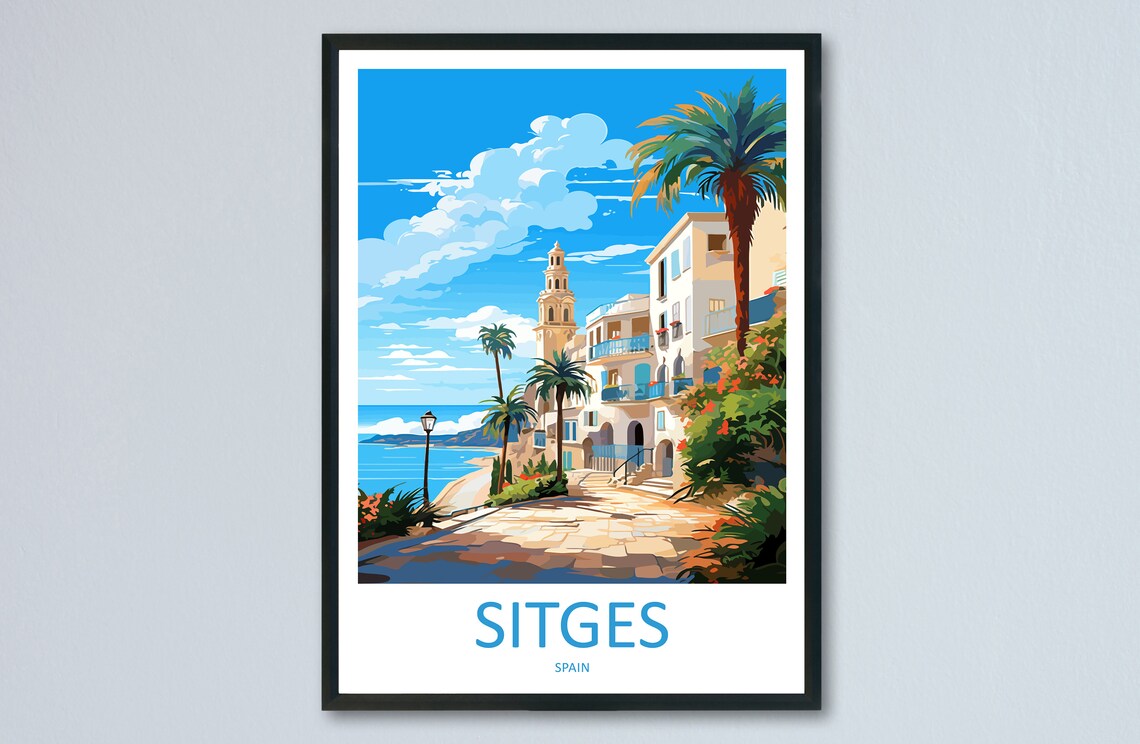 Sitges Spain Vintage Waterfront Church Tower Travel Poster Palms