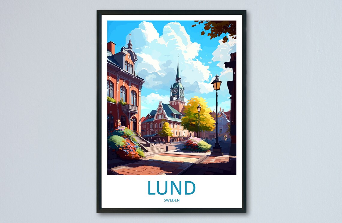 Lund Cathedral Old Town Street Summer Scene Travel Poster Sweden