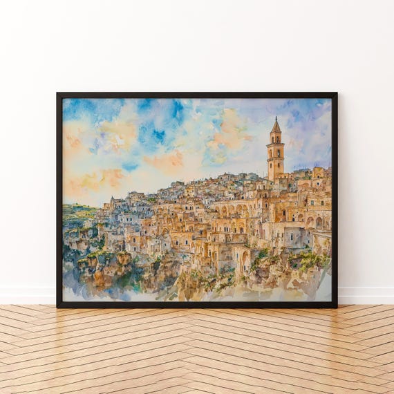 Matera Watercolor Poster Landscape Wall Art Hanging Home Dcor Gift Lovers Italy