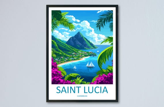 Saint Lucia Travel Poster, Caribbean Island Sunset