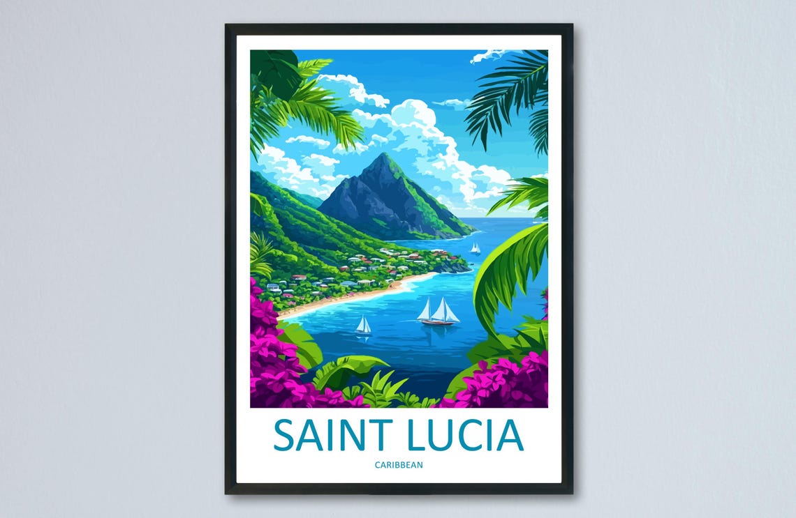 Saint Lucia Travel Poster, Caribbean Island Sunset
