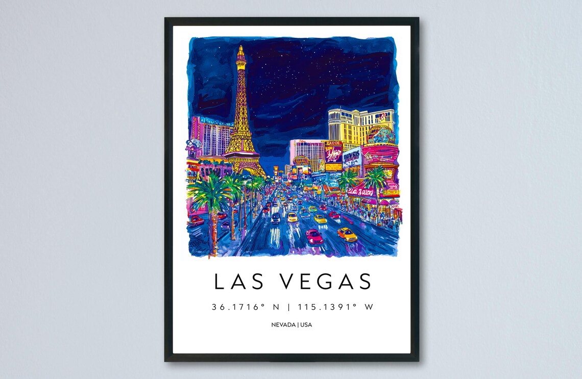 Las Vegas Nevada Strip Night Lights Watercolor Travel Poster