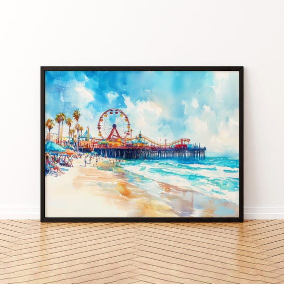 Santa Monica Watercolor Poster Travel Print Beach Pier Painting Coastal Wall Art Usa Souvenir