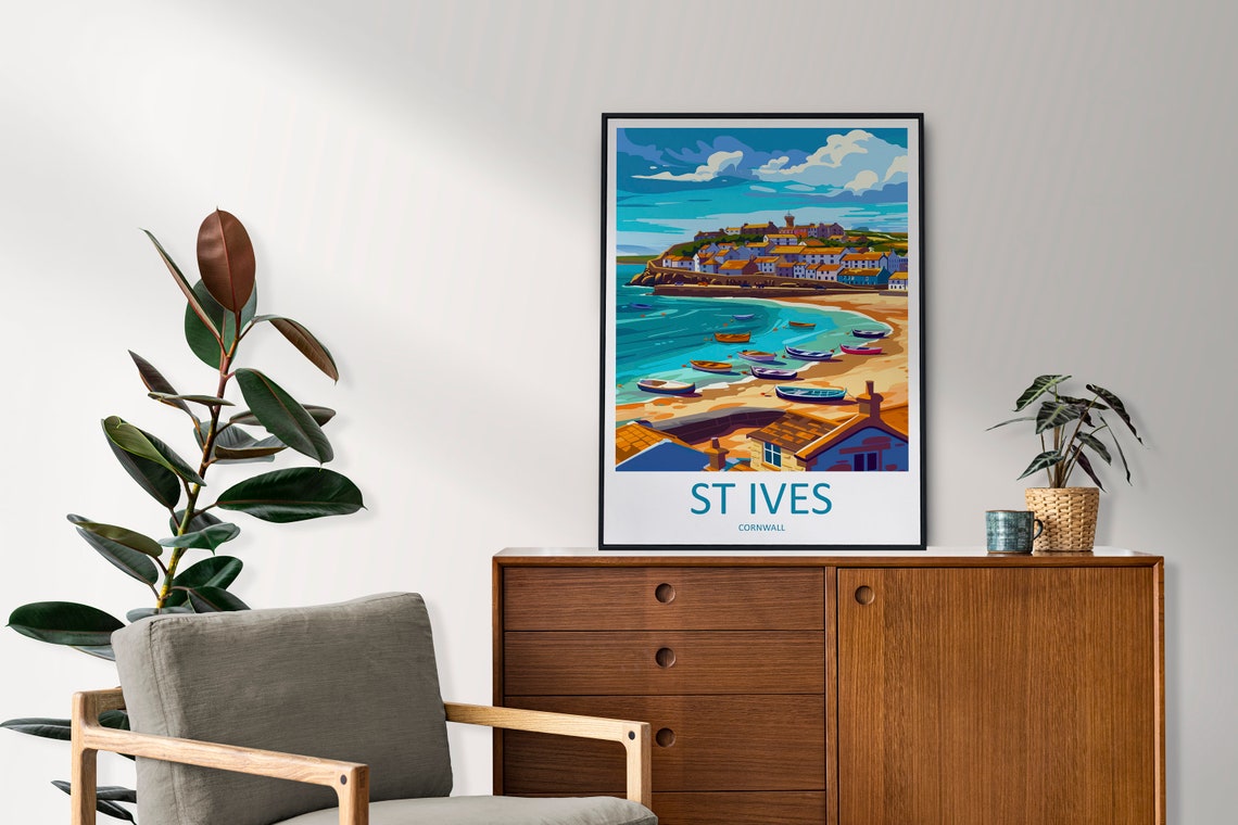 St Ives Cornwall Harbor Poster with Colorful Boats and Seaside Town - Image 2