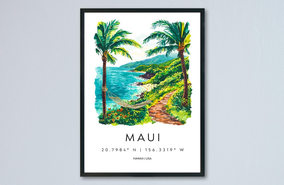 Maui Hawaii Watercolor Hammock Palm Beach Island View Poster