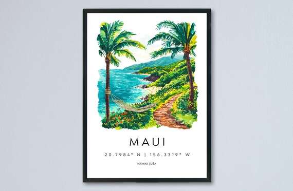 Maui Hawaii Watercolor Hammock Palm Beach Island View Poster