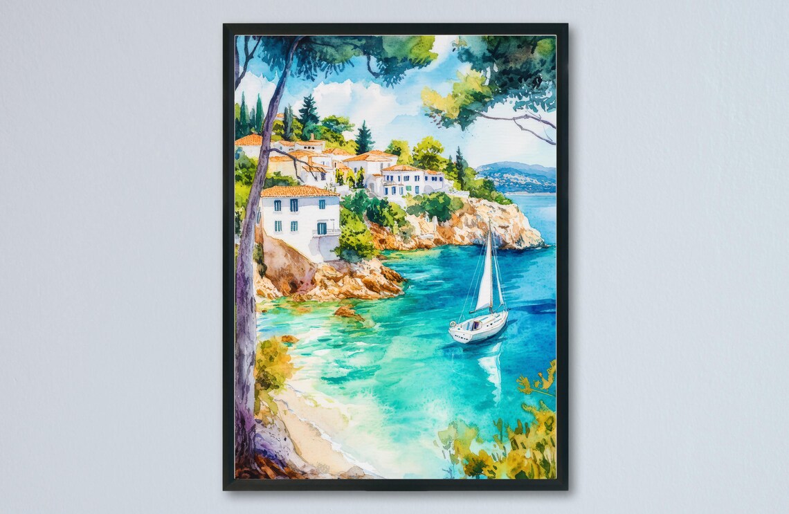 Skiathos Greece Hillside Village Sailboat Cove Watercolor Poster
