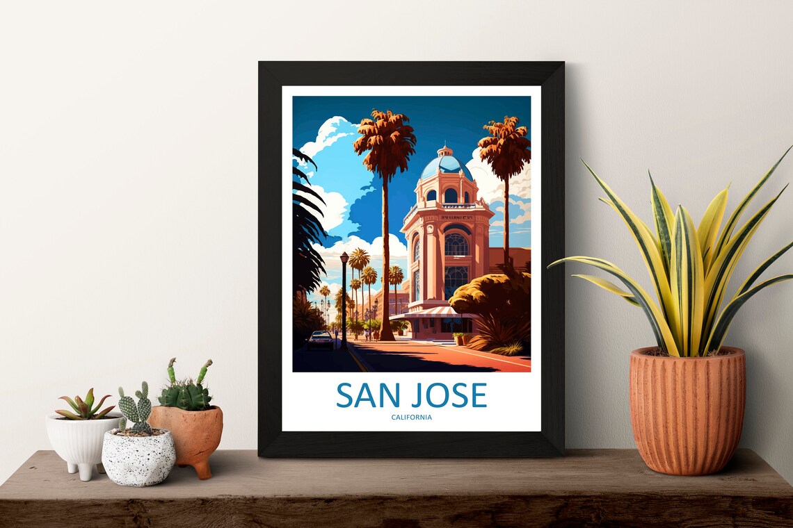 San Jose California Pink Dome Building Palms Sunny Travel Poster - Image 3