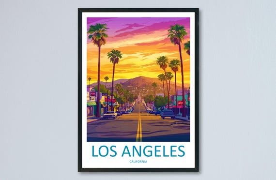 Los Angeles Travel Poster Wall Art Cityscape Print Palm Tree View Illustration Skyline Decor La Gift Souvenir Scene